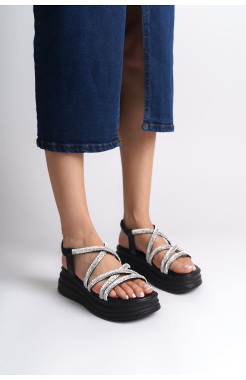 ELENA Lastikli Taşlı Şeritli Ortopedik Taban Kadın Sandalet CST - Siyah