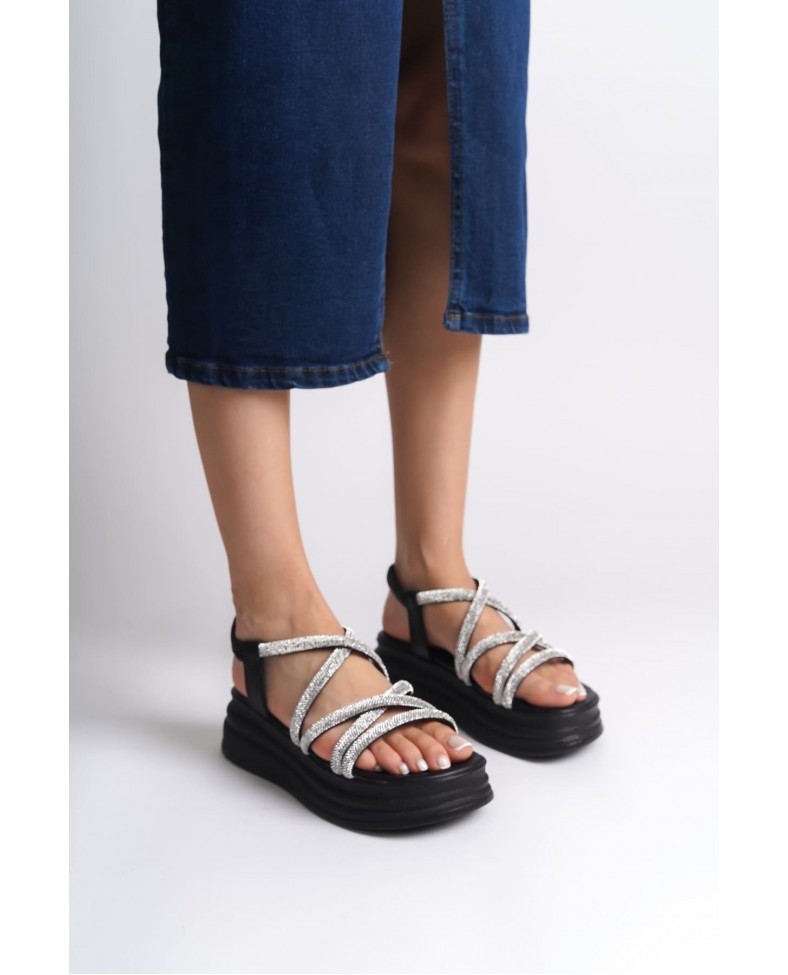 ELENA Lastikli Taşlı Şeritli Ortopedik Taban Kadın Sandalet CST - Siyah Somersan Giyim | Kadın, Erkek ve Çocuk Moda