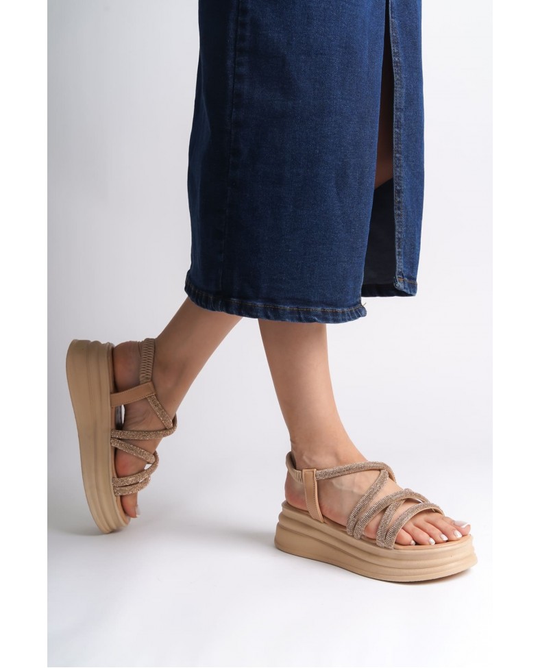 ELENA Lastikli Taşlı Şeritli Ortopedik Taban Kadın Sandalet CTT - Ten Somersan Giyim | Kadın, Erkek ve Çocuk Moda