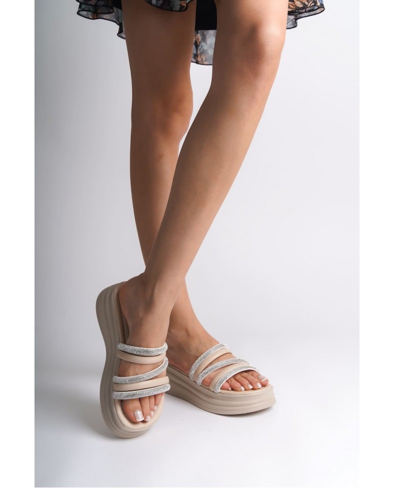 ELISE Düz Topuklu Şeritli Taşlı Kalın ve Ortopedik Taban Kadın Terlik  CKT - Krem Somersan Giyim | Kadın, Erkek ve Çocuk Moda