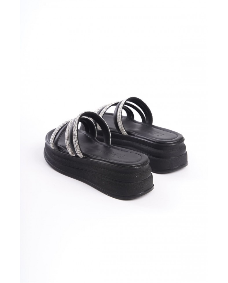 ELISE Düz Topuklu Şeritli Taşlı Kalın ve Ortopedik Taban Kadın Terlik CST - Siyah Somersan Giyim | Kadın, Erkek ve Çocuk Moda