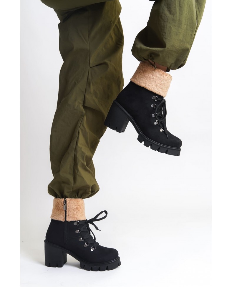 EMMA Bağcıklı Fermuarlı Ortopedik Taban Topuklu Kürk Detaylı Süet Kadın Bot SST - Siyah Somersan Giyim | Kadın, Erkek ve Çocuk Moda