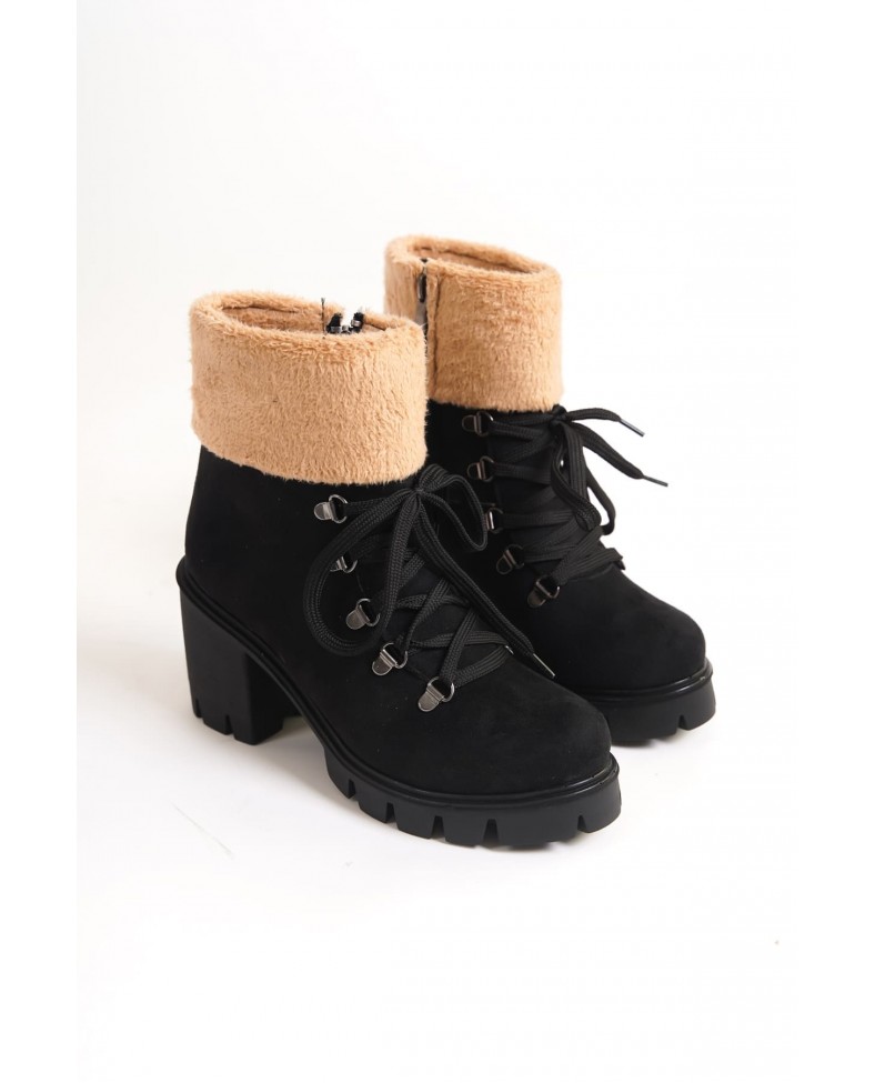EMMA Bağcıklı Fermuarlı Ortopedik Taban Topuklu Kürk Detaylı Süet Kadın Bot SST - Siyah Somersan Giyim | Kadın, Erkek ve Çocuk Moda