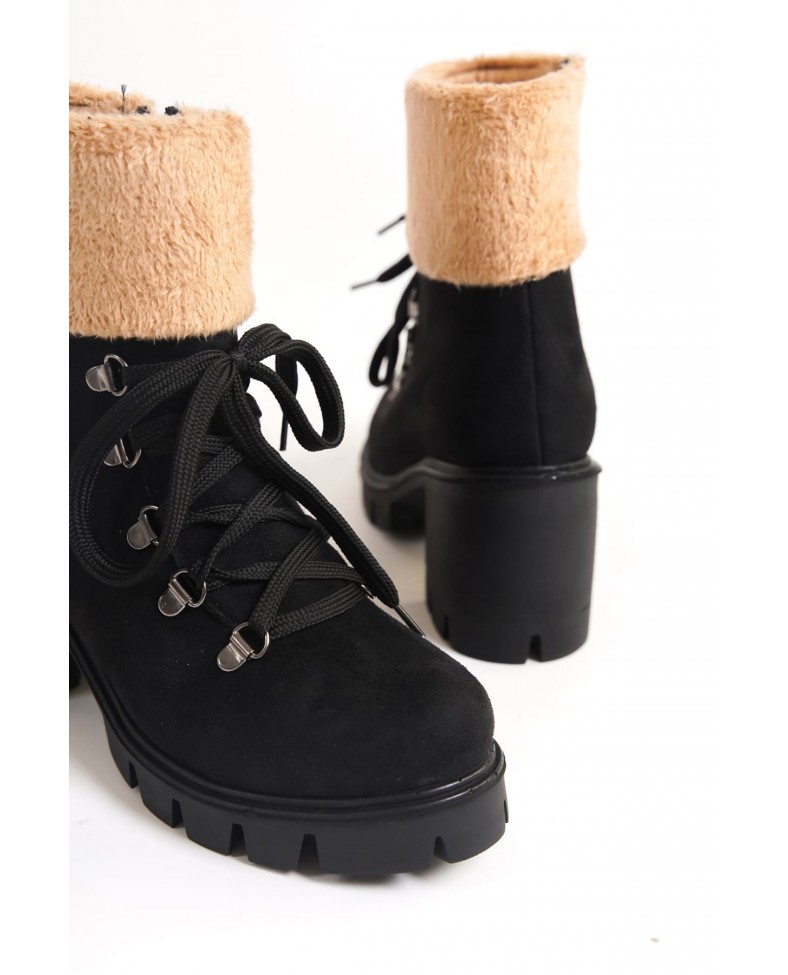 EMMA Bağcıklı Fermuarlı Ortopedik Taban Topuklu Kürk Detaylı Süet Kadın Bot SST - Siyah Somersan Giyim | Kadın, Erkek ve Çocuk Moda