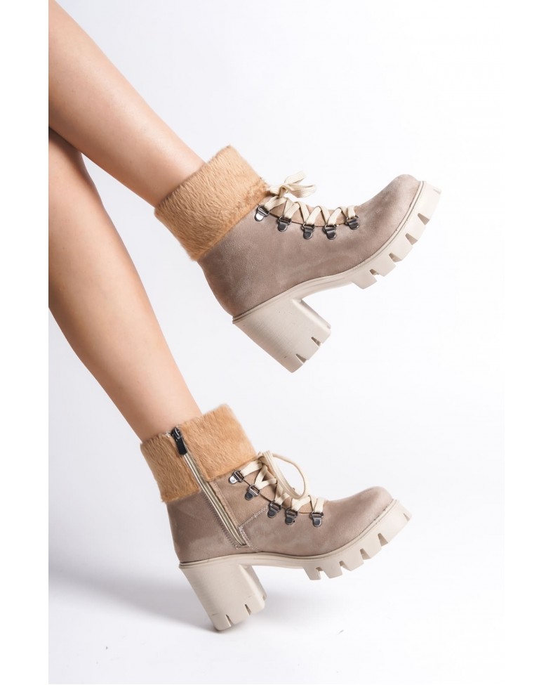 EMMA Bağcıklı Fermuarlı Ortopedik Taban Topuklu Kürk Detaylı Süet Kadın Bot STT - Ten Somersan Giyim | Kadın, Erkek ve Çocuk Moda
