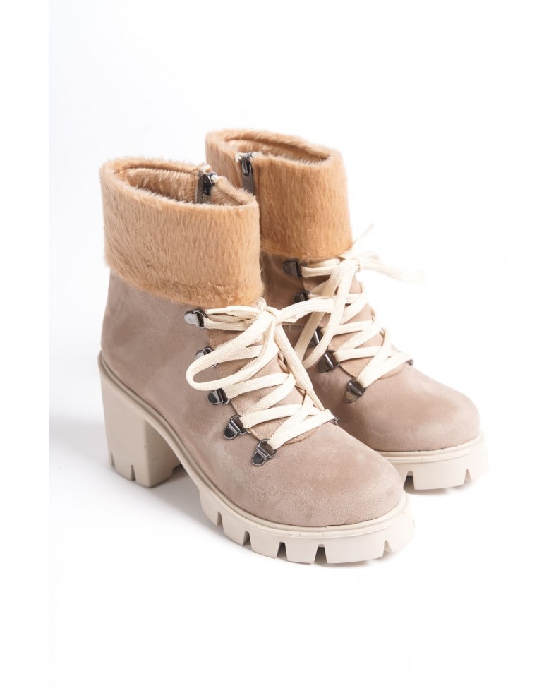 EMMA Bağcıklı Fermuarlı Ortopedik Taban Topuklu Kürk Detaylı Süet Kadın Bot STT - Ten Somersan Giyim | Kadın, Erkek ve Çocuk Moda