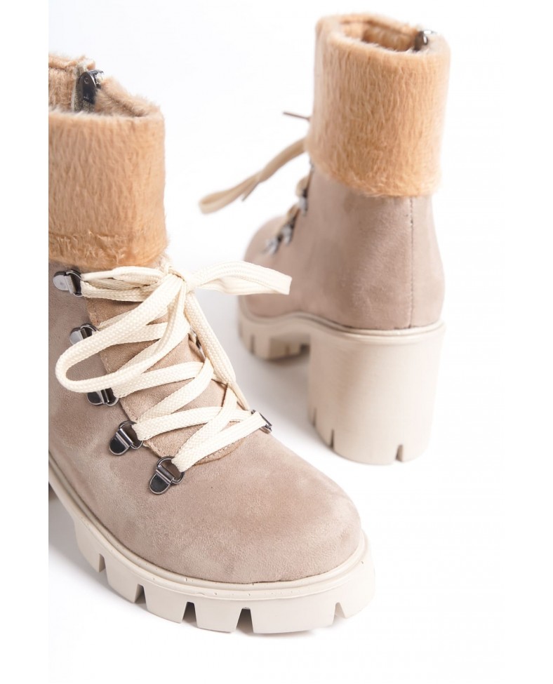 EMMA Bağcıklı Fermuarlı Ortopedik Taban Topuklu Kürk Detaylı Süet Kadın Bot STT - Ten Somersan Giyim | Kadın, Erkek ve Çocuk Moda