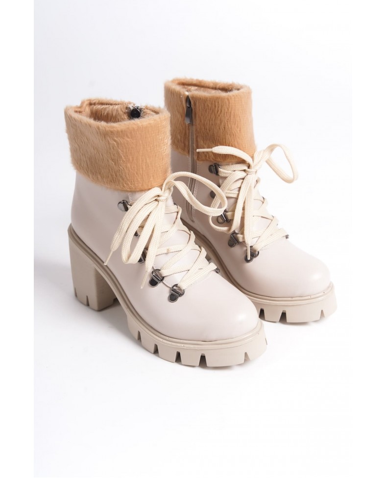 EMMA Bağcıklı Fermuarlı Ortopedik Taban Topuklu Kürk DetaylıKadın Bot CKT - Krem Somersan Giyim | Kadın, Erkek ve Çocuk Moda