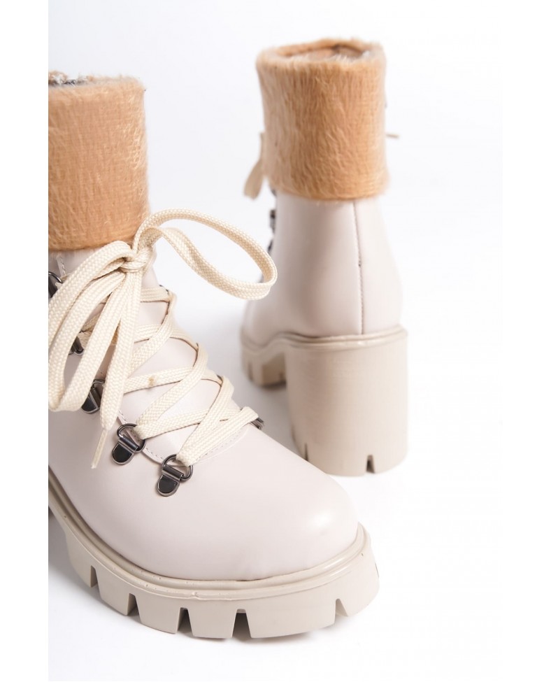 EMMA Bağcıklı Fermuarlı Ortopedik Taban Topuklu Kürk DetaylıKadın Bot CKT - Krem Somersan Giyim | Kadın, Erkek ve Çocuk Moda