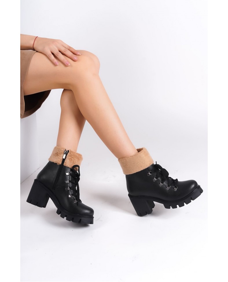 EMMA Bağcıklı Fermuarlı Ortopedik Taban Topuklu Kürk DetaylıKadın Bot  CST - Siyah Somersan Giyim | Kadın, Erkek ve Çocuk Moda