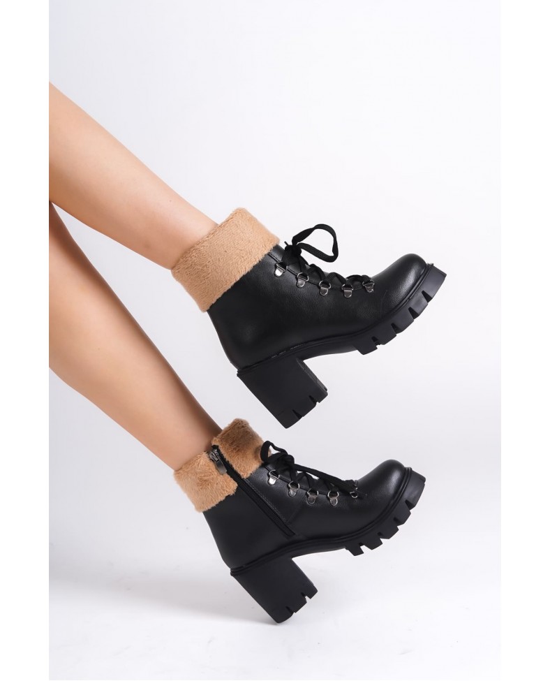 EMMA Bağcıklı Fermuarlı Ortopedik Taban Topuklu Kürk DetaylıKadın Bot  CST - Siyah Somersan Giyim | Kadın, Erkek ve Çocuk Moda