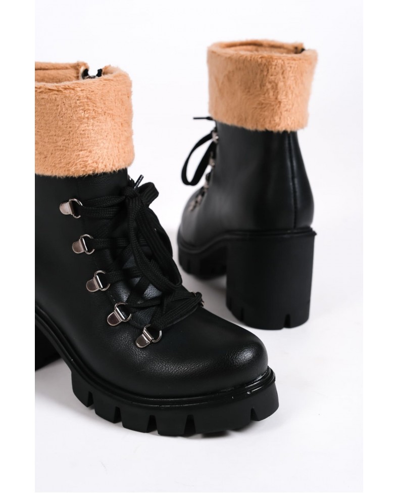 EMMA Bağcıklı Fermuarlı Ortopedik Taban Topuklu Kürk DetaylıKadın Bot  CST - Siyah Somersan Giyim | Kadın, Erkek ve Çocuk Moda