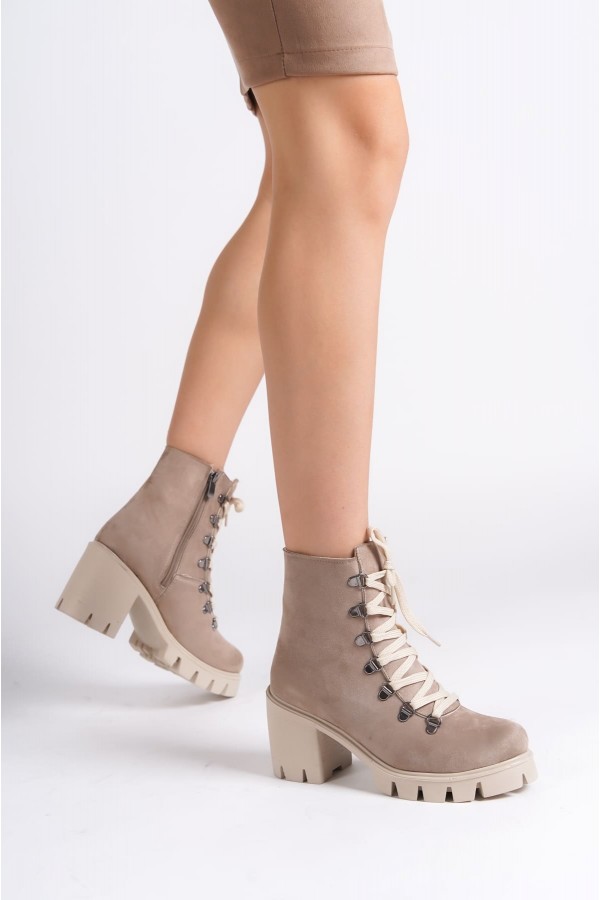 EMMA Bağcıklı Fermuarlı Ortopedik Taban Topuklu Süet Kadın Bot  STT - Ten