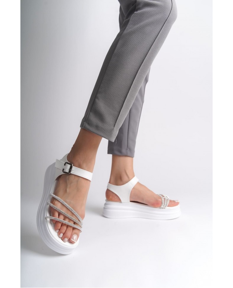 EVA Kalın Tokalı Taşlı Şeritli Ortopedik Taban Kadın Sandalet  CBT - Beyaz Somersan Giyim | Kadın, Erkek ve Çocuk Moda