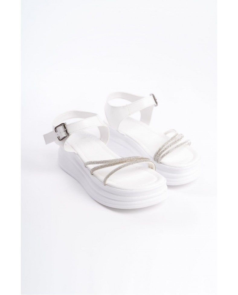 EVA Kalın Tokalı Taşlı Şeritli Ortopedik Taban Kadın Sandalet  CBT - Beyaz Somersan Giyim | Kadın, Erkek ve Çocuk Moda