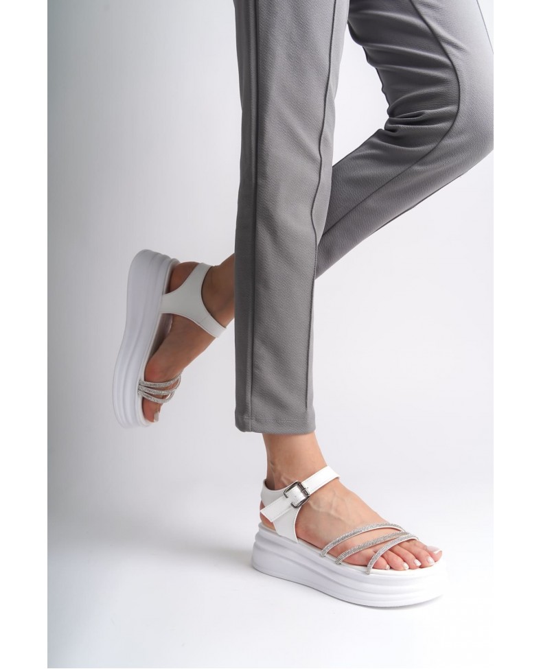 EVA Kalın Tokalı Taşlı Şeritli Ortopedik Taban Kadın Sandalet  CBT - Beyaz Somersan Giyim | Kadın, Erkek ve Çocuk Moda