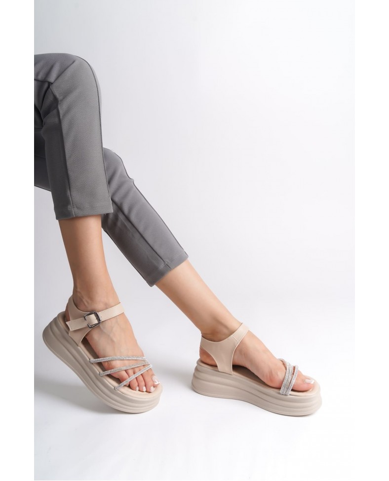 EVA Kalın Tokalı Taşlı Şeritli Ortopedik Taban Kadın Sandalet  CKT - Krem Somersan Giyim | Kadın, Erkek ve Çocuk Moda