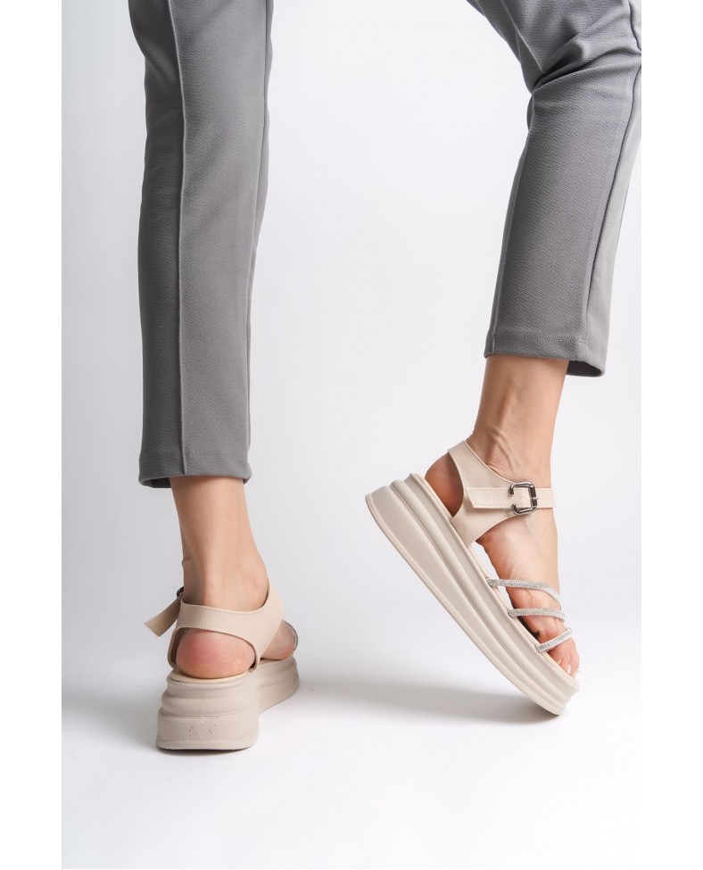 EVA Kalın Tokalı Taşlı Şeritli Ortopedik Taban Kadın Sandalet  CKT - Krem Somersan Giyim | Kadın, Erkek ve Çocuk Moda