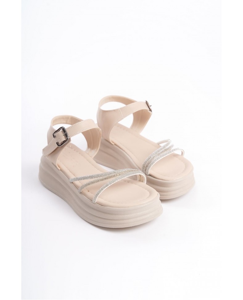 EVA Kalın Tokalı Taşlı Şeritli Ortopedik Taban Kadın Sandalet  CKT - Krem Somersan Giyim | Kadın, Erkek ve Çocuk Moda