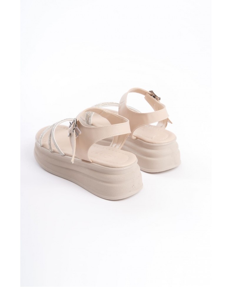 EVA Kalın Tokalı Taşlı Şeritli Ortopedik Taban Kadın Sandalet  CKT - Krem Somersan Giyim | Kadın, Erkek ve Çocuk Moda