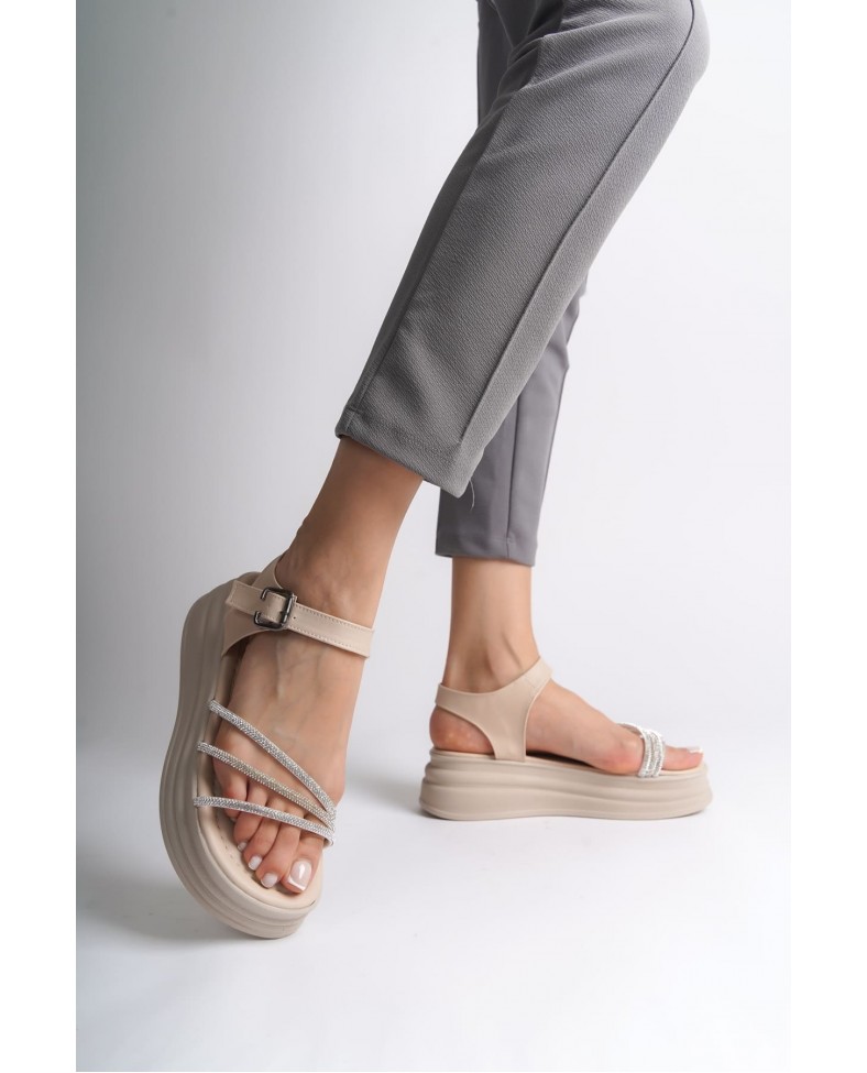 EVA Kalın Tokalı Taşlı Şeritli Ortopedik Taban Kadın Sandalet  CKT - Krem Somersan Giyim | Kadın, Erkek ve Çocuk Moda