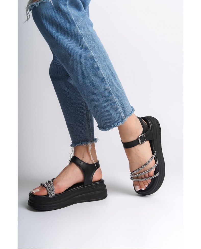 EVA Kalın Tokalı Taşlı Şeritli Ortopedik Taban Kadın Sandalet  CST - Siyah Somersan Giyim | Kadın, Erkek ve Çocuk Moda