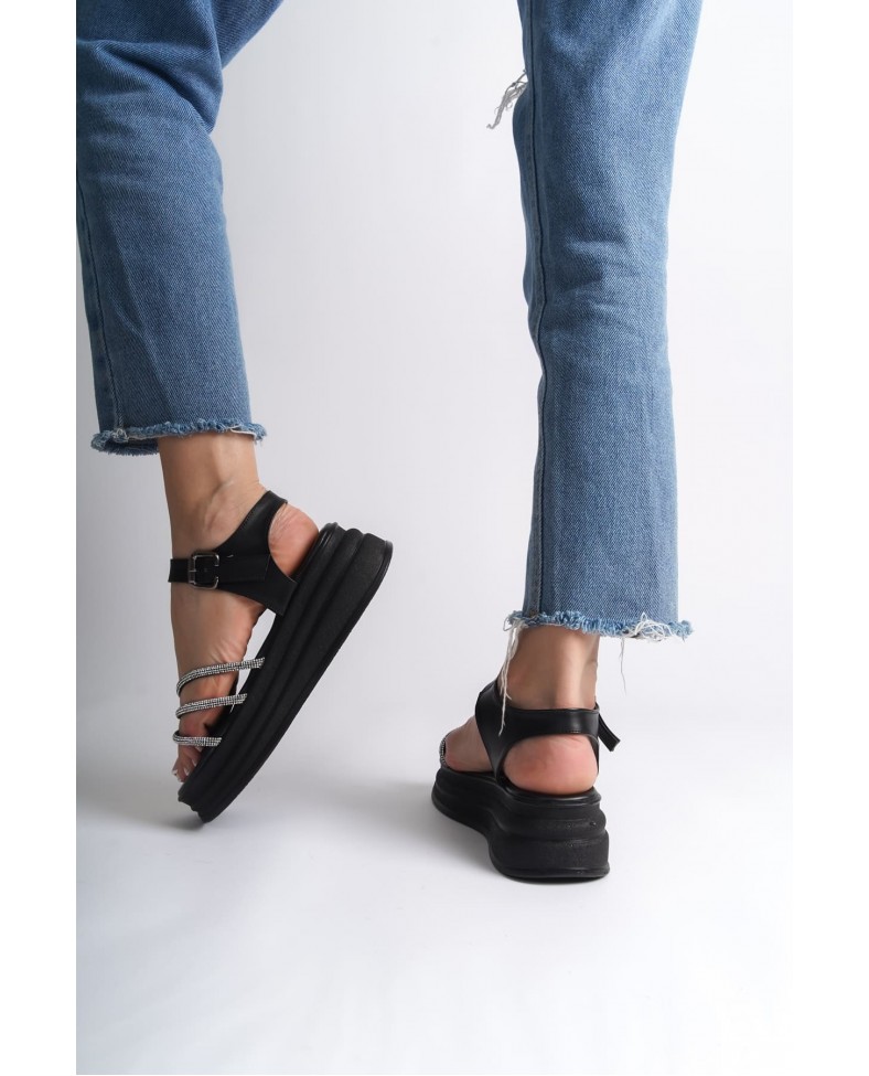 EVA Kalın Tokalı Taşlı Şeritli Ortopedik Taban Kadın Sandalet  CST - Siyah Somersan Giyim | Kadın, Erkek ve Çocuk Moda