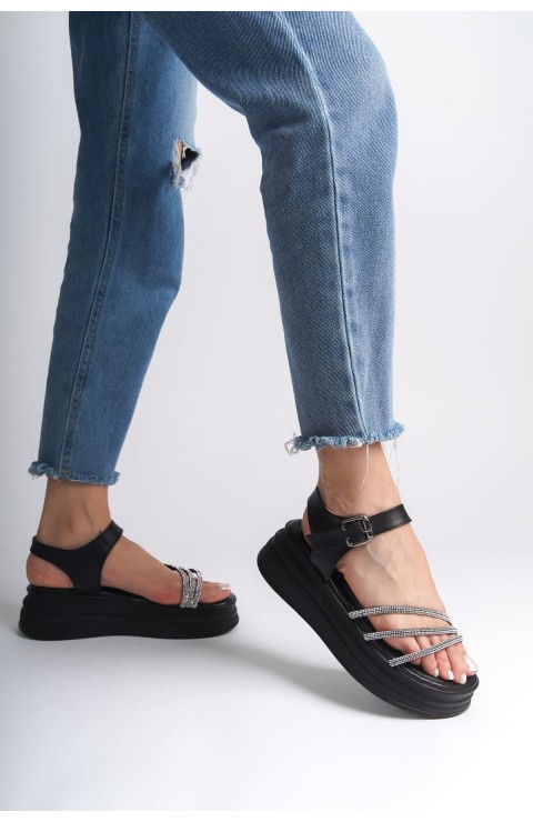 EVA Kalın Tokalı Taşlı Şeritli Ortopedik Taban Kadın Sandalet  CST - Siyah
