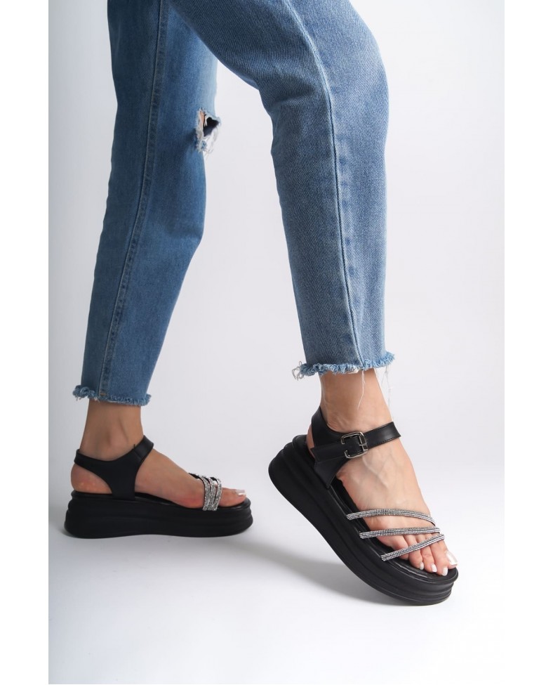 EVA Kalın Tokalı Taşlı Şeritli Ortopedik Taban Kadın Sandalet  CST - Siyah Somersan Giyim | Kadın, Erkek ve Çocuk Moda
