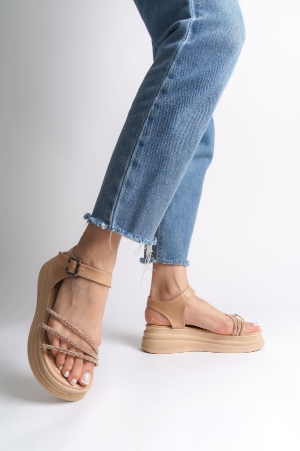 EVA Kalın Tokalı Taşlı Şeritli Ortopedik Taban Kadın Sandalet  CTT - Ten