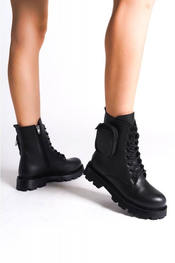 GINA Bağcıklı Fermuarlı Ortopedik Taban Çantalı Kadın Bot CST - Siyah
