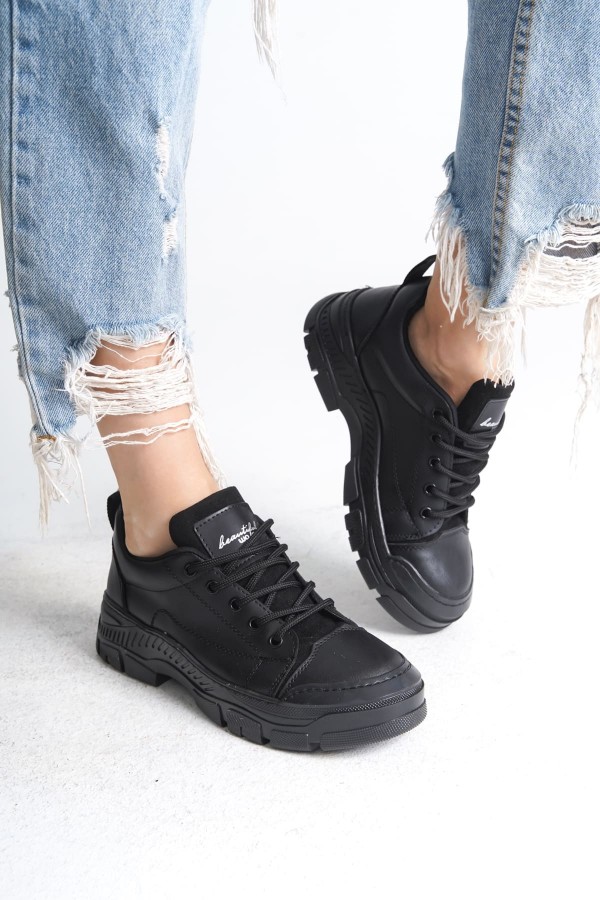 JANE Bağcıklı Ortopedik Taban Kadın Sneaker Spor Ayakkabı  CST - Siyah