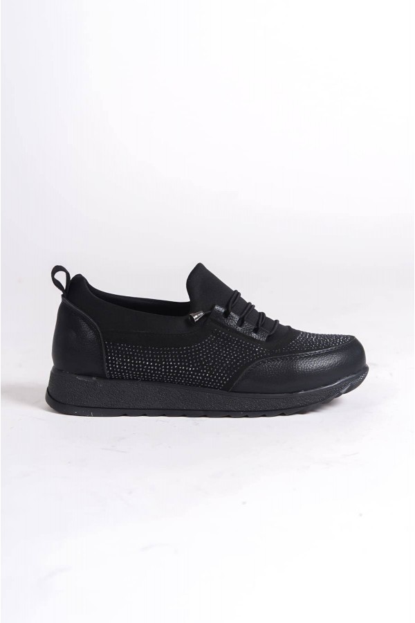 VIOLET Bağcıklı Lastikli Ortopedik Rahat Taban Taş Detaylı Klasik Kadın Babet Anne Ayakkabısı  CST - Siyah
