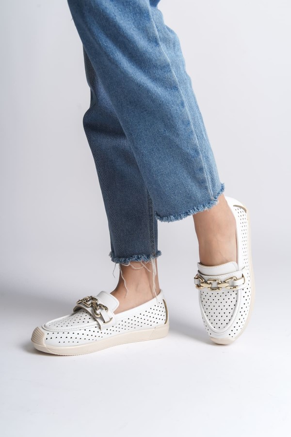 LAYLA Bağcıksız Ortopedik Rahat Taban Kalp Desenli Kadın Babet Ayakkabı  CKT - Beyaz