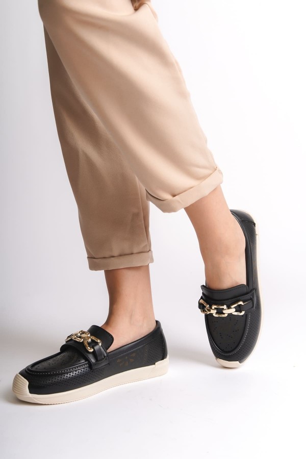 LAYLA Bağcıksız Ortopedik Rahat Taban Çiçek Desenli Kadın Babet Ayakkabı  CKT - Siyah