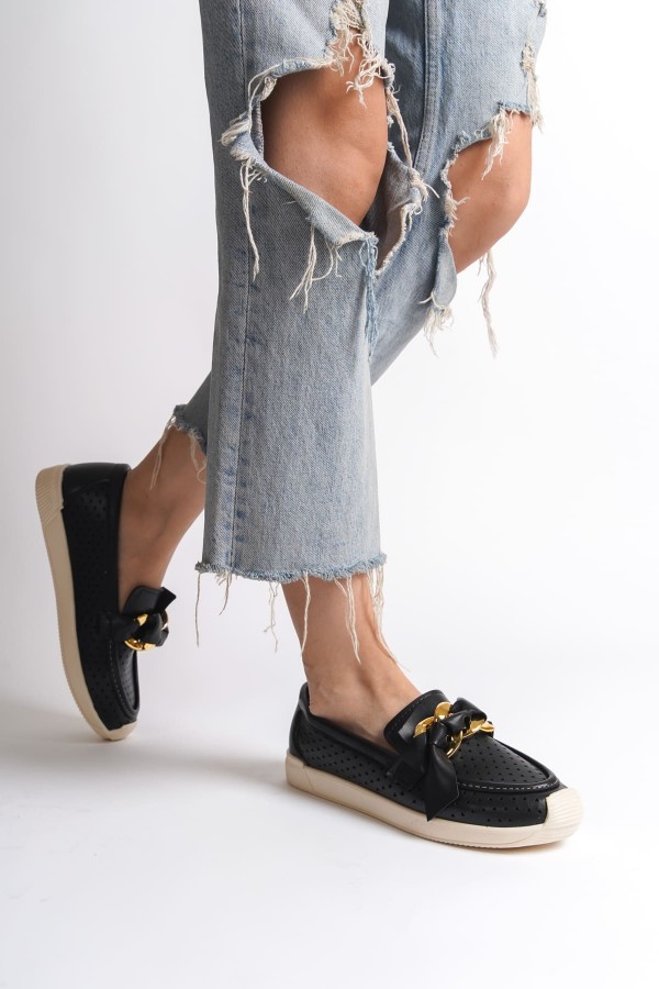 LYDIA Bağcıksız Ortopedik Rahat Taban Kalp Desenli Kadın Babet Ayakkabı  CKT - Siyah