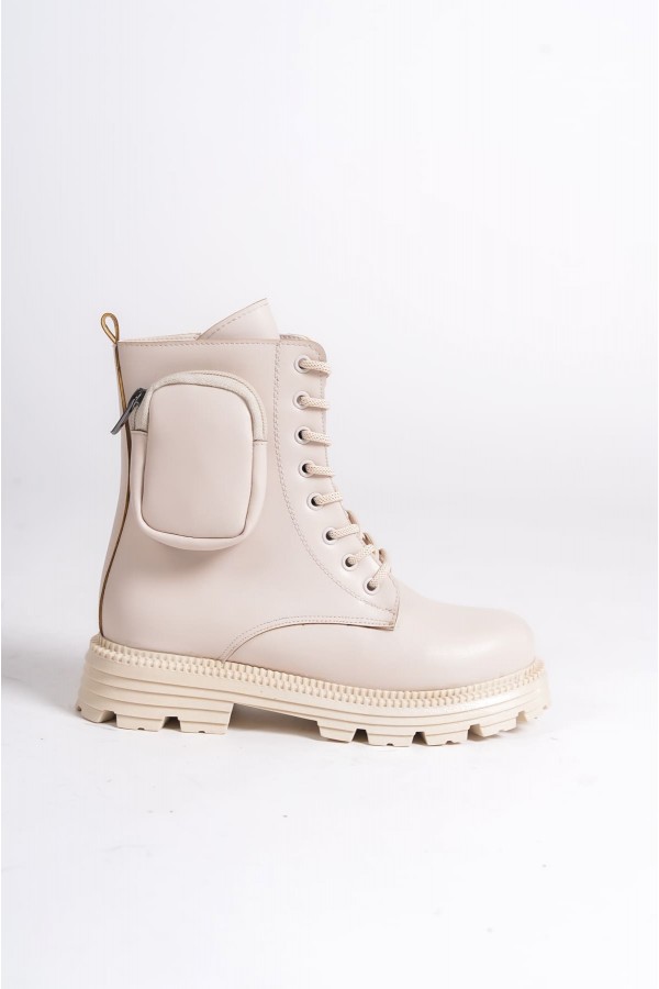 GINA Bağcıklı Fermuarlı Ortopedik Taban Çantalı Kadın Bot  CKT - Krem