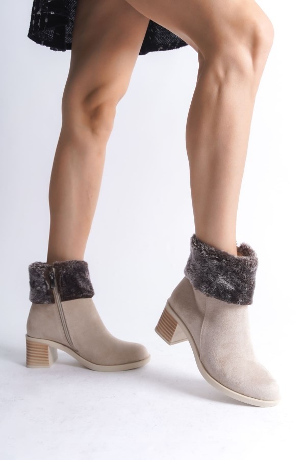 KATYA Fermuarlı Ortopedik Taban Topuklu Kürk Detaylı Süet Kadın Bot  STT - Ten