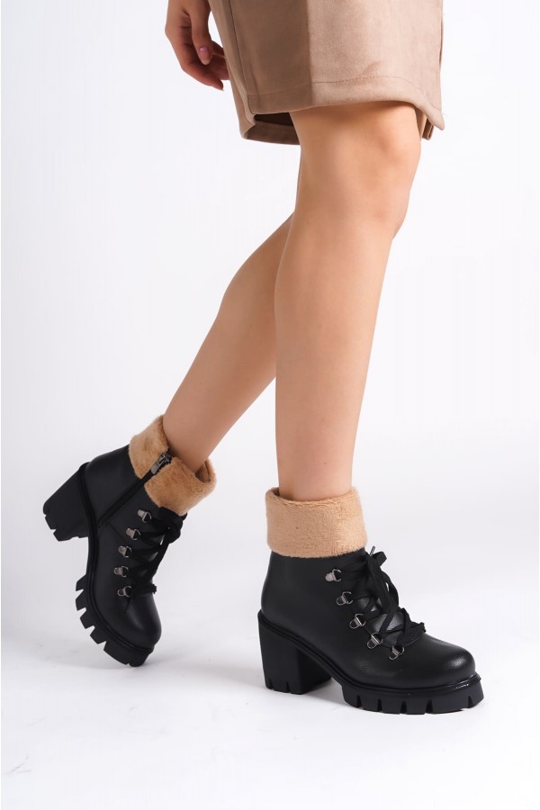 EMMA Bağcıklı Fermuarlı Ortopedik Taban Topuklu Kürk Detaylı Kadın Bot  CST - Siyah