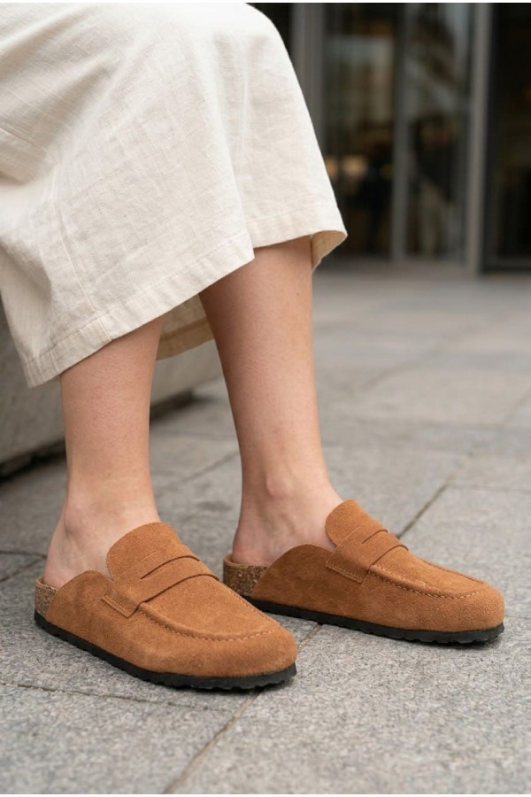 LUVRA Bağcıksız Hakiki Süet Deri Kadın Günlük Mantar Taban Loafer Klasik Ayakkabı HDMT - Taba