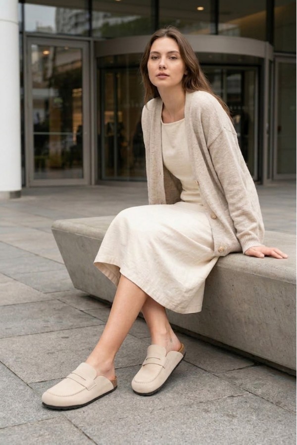 LUVRA Bağcıksız Hakiki Süet Deri Kadın Günlük Mantar Taban Loafer Klasik Ayakkabı HDMT - Krem