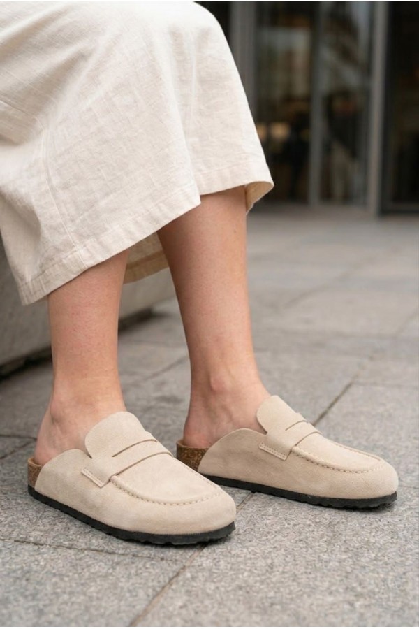 LUVRA Bağcıksız Hakiki Süet Deri Kadın Günlük Mantar Taban Loafer Klasik Ayakkabı HDMT - Krem
