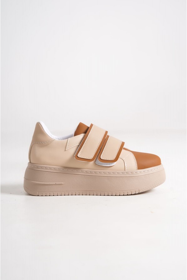 VALENCIA Bağcıksız Cırt Cırtlı Ortopedik Taban Kadın Sneaker Spor Ayakkabı CTT - Ten/Kahve