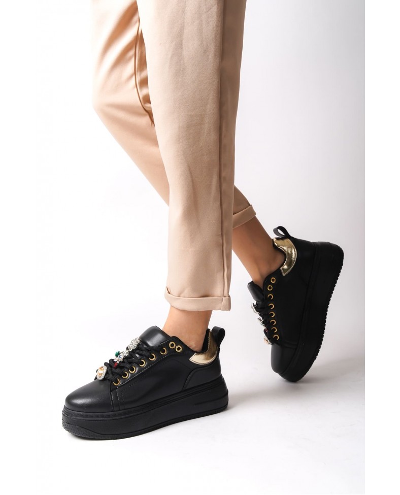 BRIANNA Bağcıklı Ortopedik Taban Renkli Taş Dekorlu Kadın Sneaker Spor Ayakkabı CST - Siyah/Altın