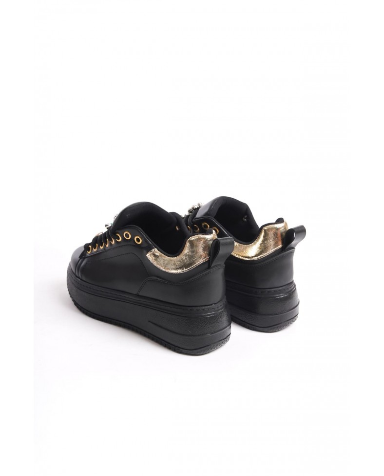 BRIANNA Bağcıklı Ortopedik Taban Renkli Taş Dekorlu Kadın Sneaker Spor Ayakkabı CST - Siyah/Altın