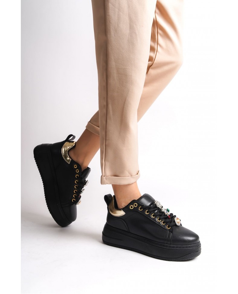 BRIANNA Bağcıklı Ortopedik Taban Renkli Taş Dekorlu Kadın Sneaker Spor Ayakkabı CST - Siyah/Altın