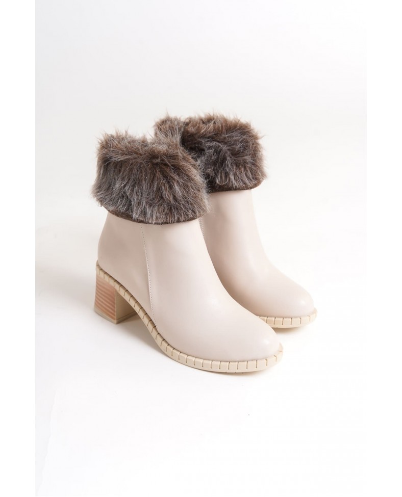 JULIA Fermuarlı Ortopedik Taban Tüylü Topuklu Kadın Bot CKT - Krem Somersan Giyim | Kadın, Erkek ve Çocuk Moda