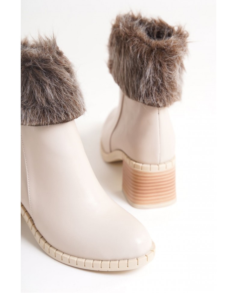 JULIA Fermuarlı Ortopedik Taban Tüylü Topuklu Kadın Bot CKT - Krem Somersan Giyim | Kadın, Erkek ve Çocuk Moda