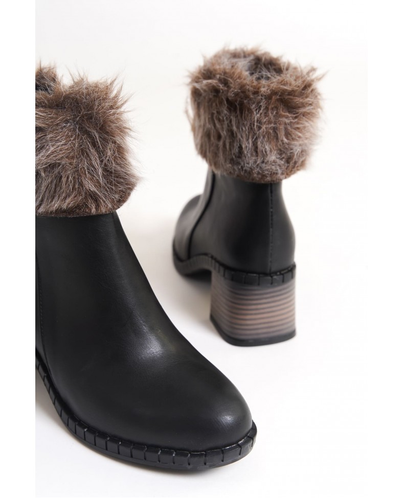 JULIA Fermuarlı Ortopedik Taban Tüylü Topuklu Kadın Bot CST - Siyah Somersan Giyim | Kadın, Erkek ve Çocuk Moda