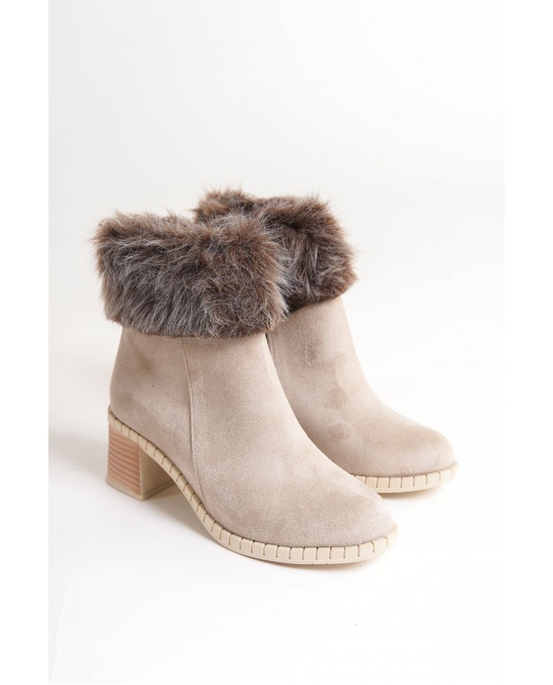 JULIA Fermuarlı Ortopedik Taban Tüylü Topuklu Süet Kadın Bot SKT - Krem Somersan Giyim | Kadın, Erkek ve Çocuk Moda